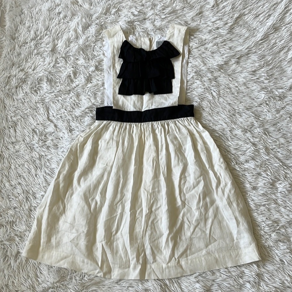 Hilda Henri Girls sleeveless Pinafore/Jumper ivory black ruffle Linen dress 12